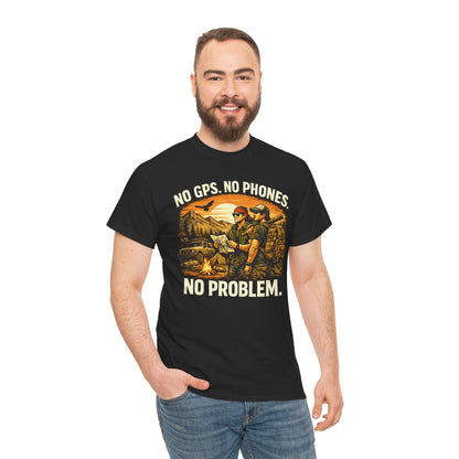 Man wearing a black t-shirt with a graphic design and text on a white background