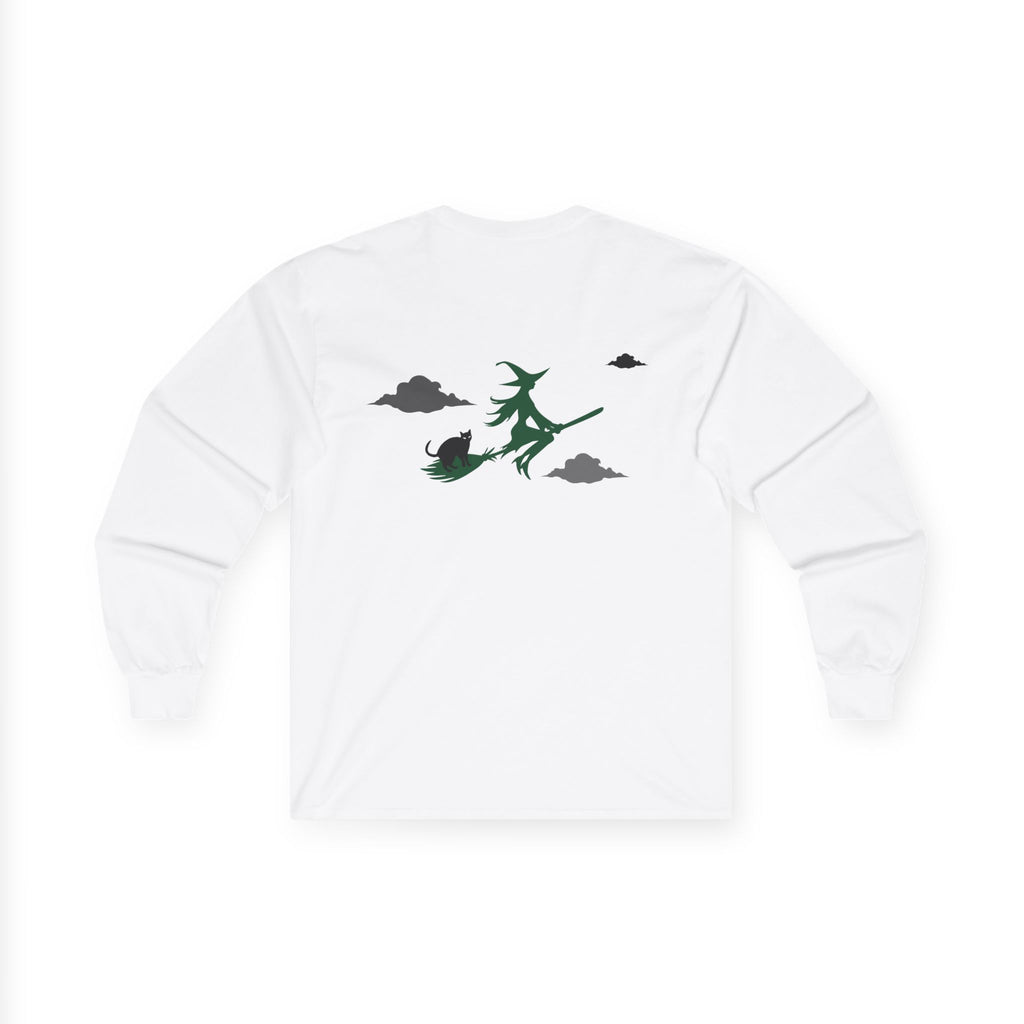 White sweatshirt with green witch design on a white background