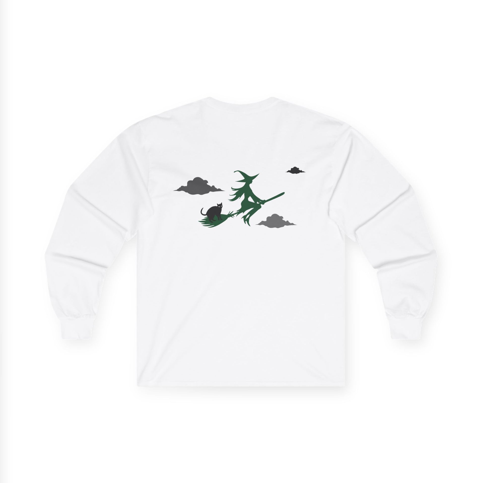 White sweatshirt with green witch design on a white background