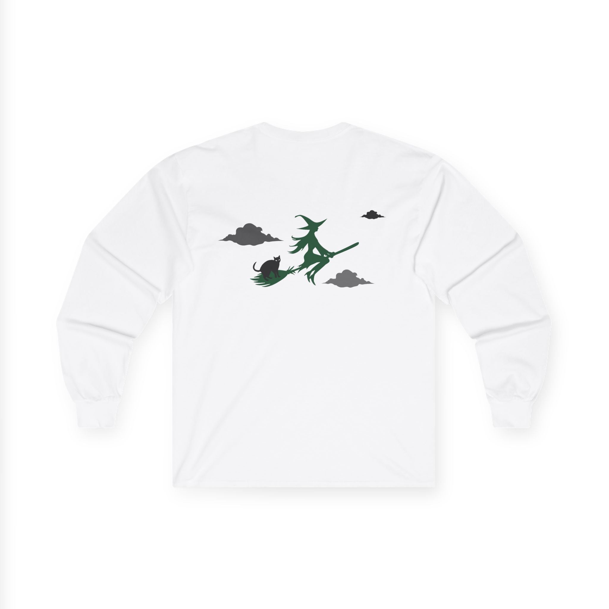 White sweatshirt with green witch design on a white background