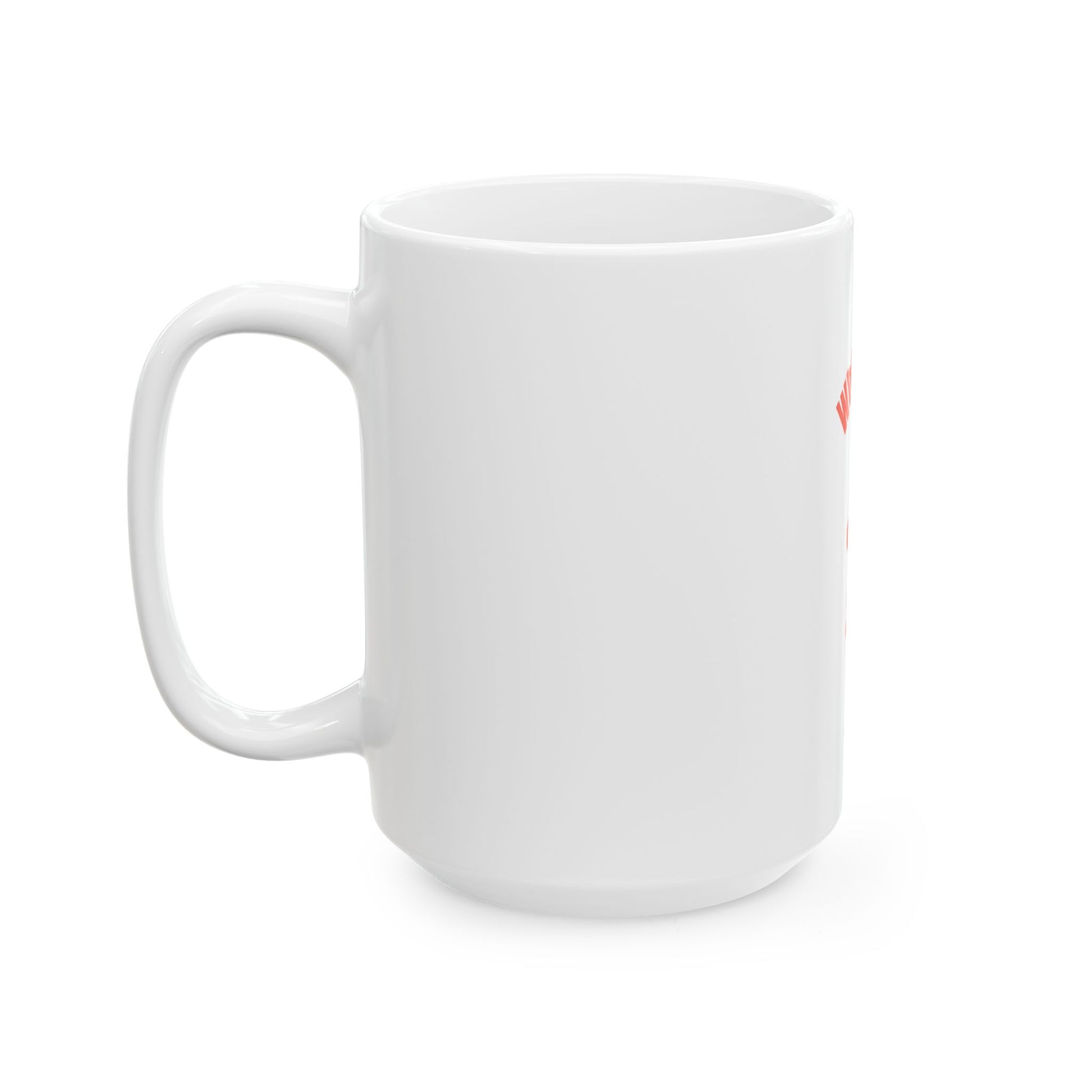 White mug with a small red logo on a white background