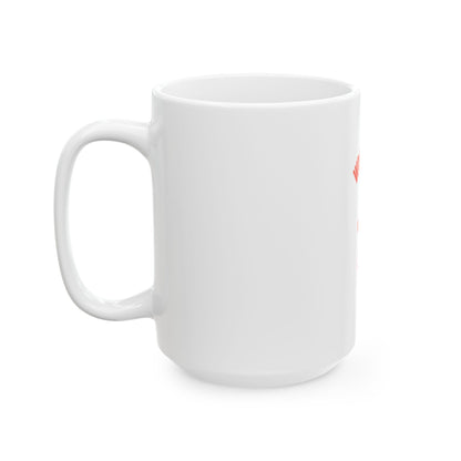 White mug with a small red logo on a white background