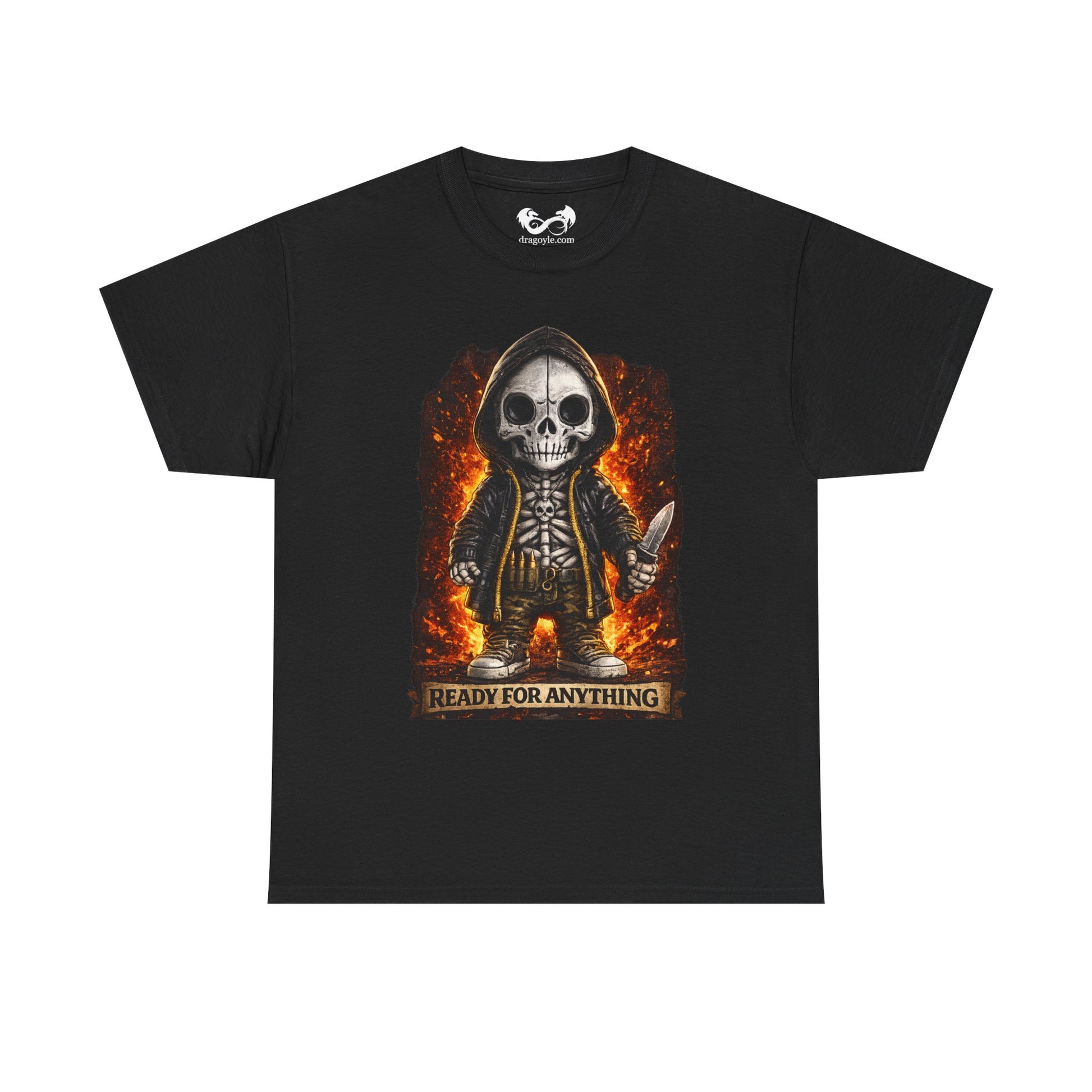 Black t-shirt with a skeleton design and 'Ready for Anything' text on a white background