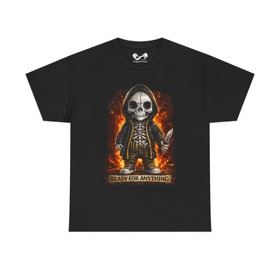 Black t-shirt with a skeleton design and 'Ready for Anything' text on a white background