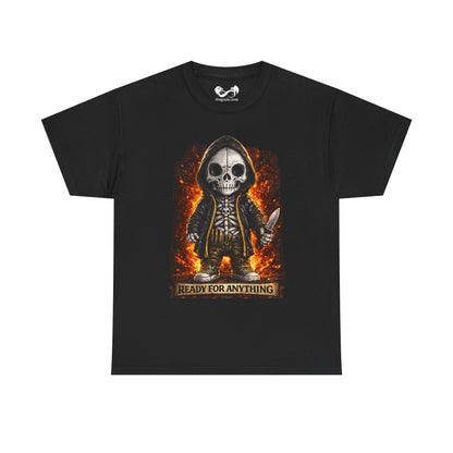 Black t-shirt with a skeleton design and 'Ready for Anything' text on a white background