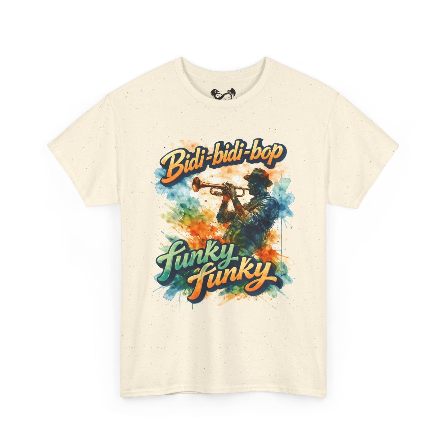Beige t-shirt with colorful graphic and text on a white background