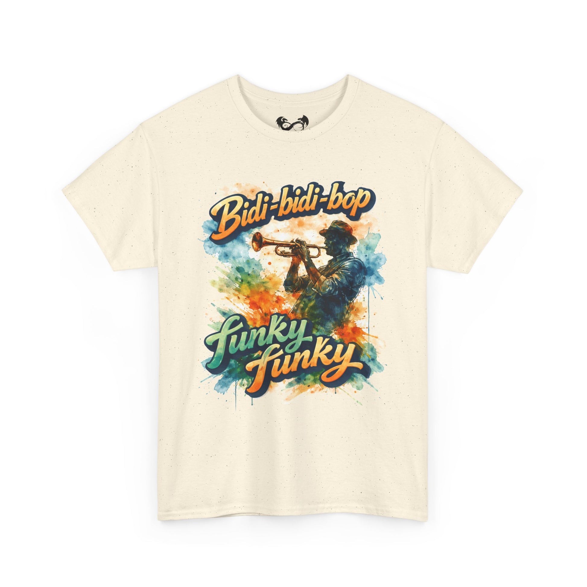 Beige t-shirt with colorful graphic and text on a white background