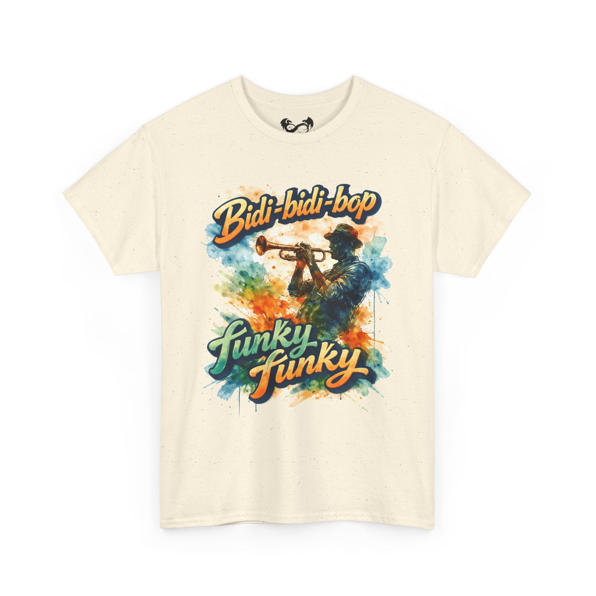 Beige t-shirt with colorful graphic and text on a white background