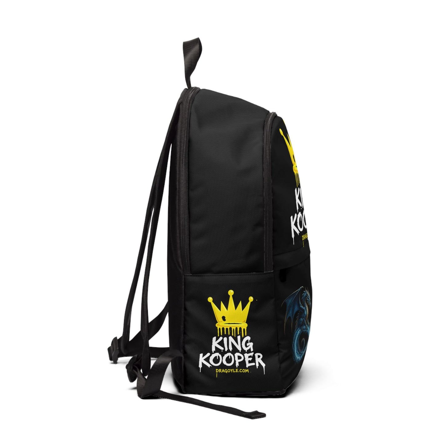 A black backpack with 'King Kooper' branding in white and yellow, featuring a yellow crown graphic and a blue dragon graphic on the front pocket, shown against a plain white background.