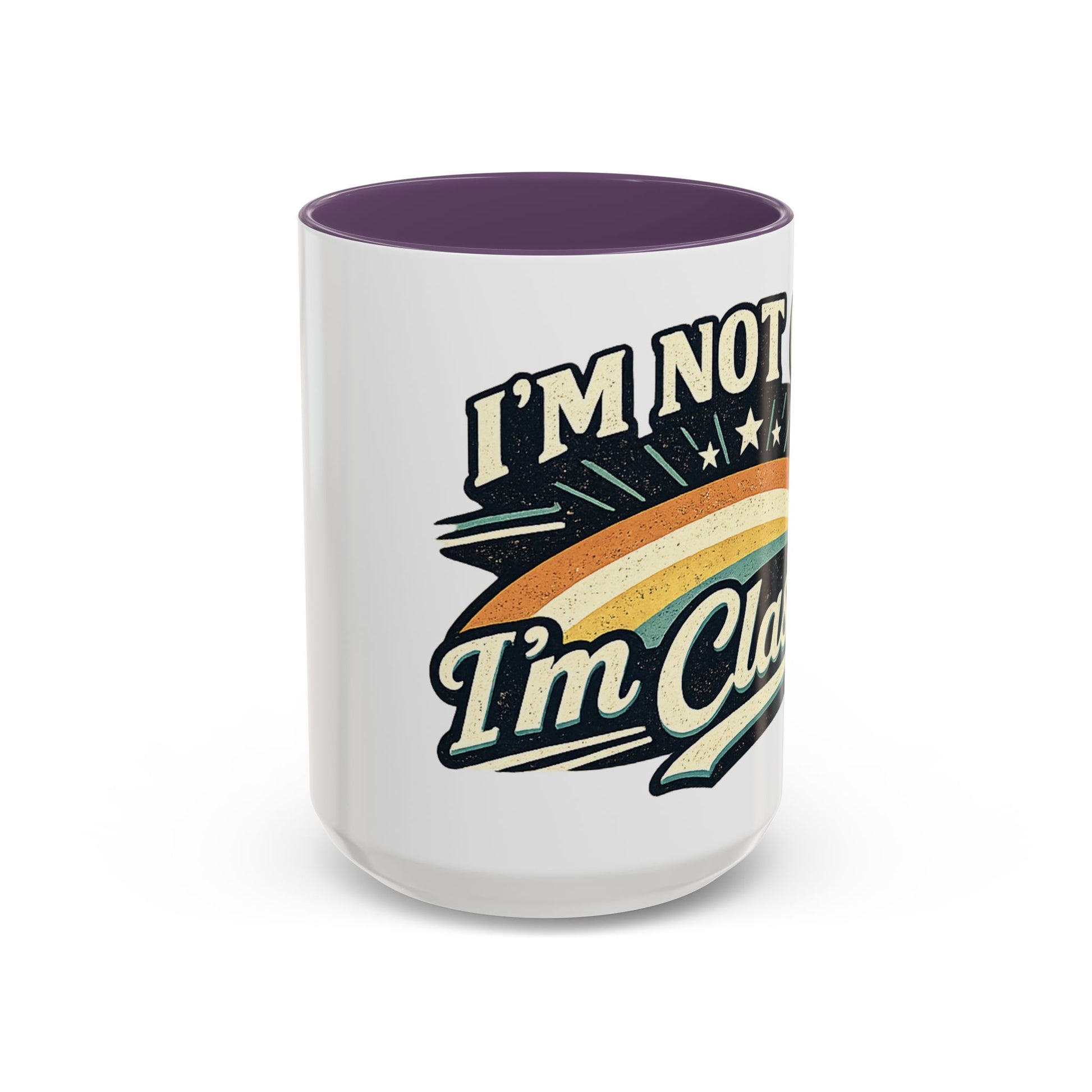 White mug with colorful text design on a white background