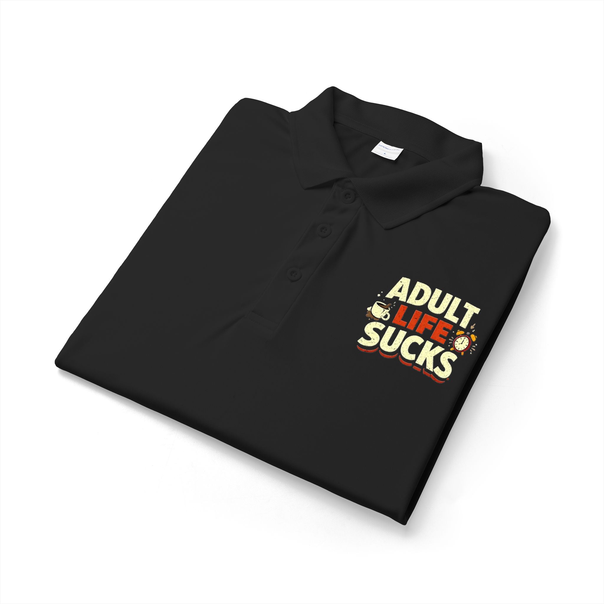 Lightweight and breathable polo with a cheeky retro chest print that says “Adult Life Sucks.” 