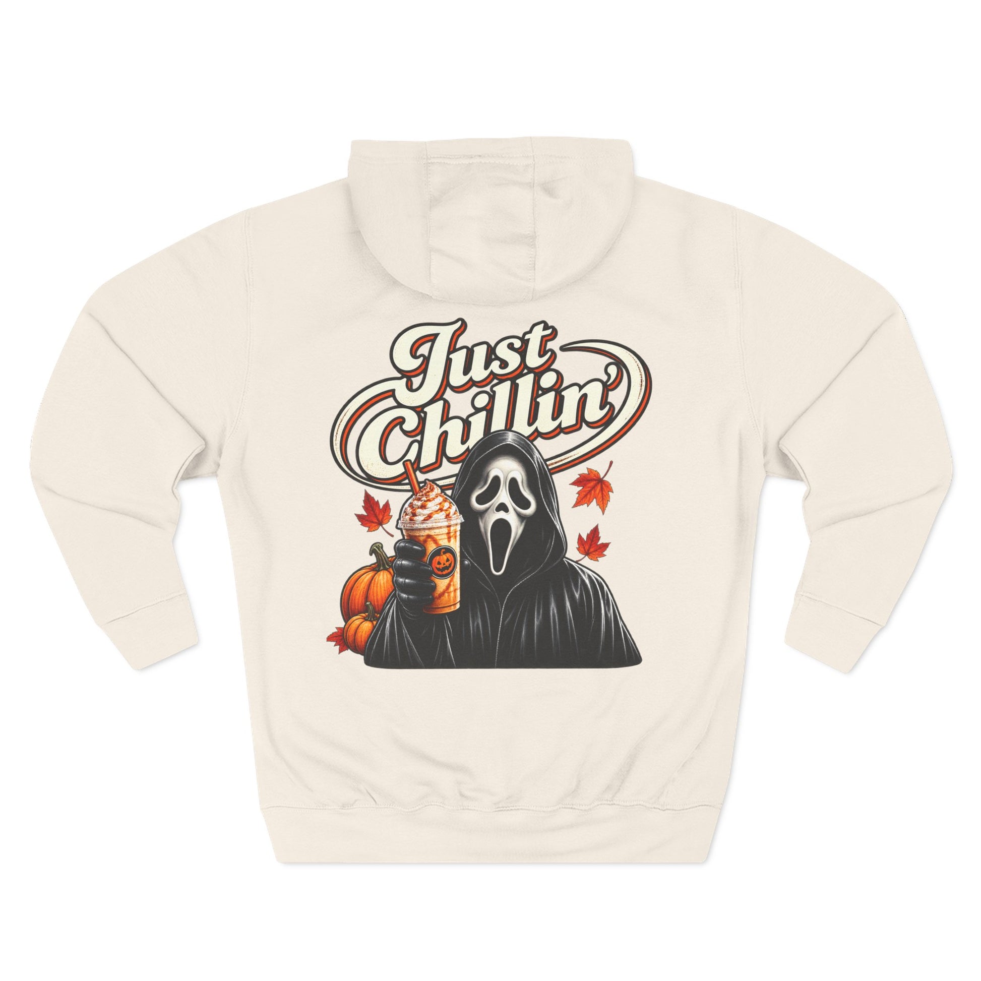 An off-white hooded sweatshirt shown from the back, featuring a graphic print of the Ghostface character holding a pumpkin and hot chocolate, with the text 'Just Chillin'' and autumn leaves.