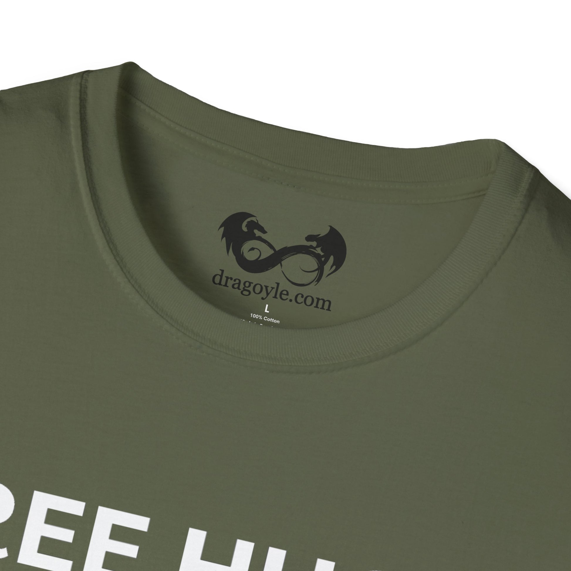 Close-up of a green t-shirt with a logo and text on the collar area.