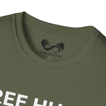 Close-up of a green t-shirt with a logo and text on the collar area.