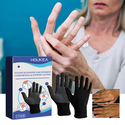 Titanium Ionized Far Infrared Comforting &amp; Support Gloves are designed to enhance hand comfort and support through advanced far infrared technology. The titanium ionization promotes improved circulation and helps soothe hand fatigue, making these gloves ideal for those seeking relief during daily activities or repetitive motions.