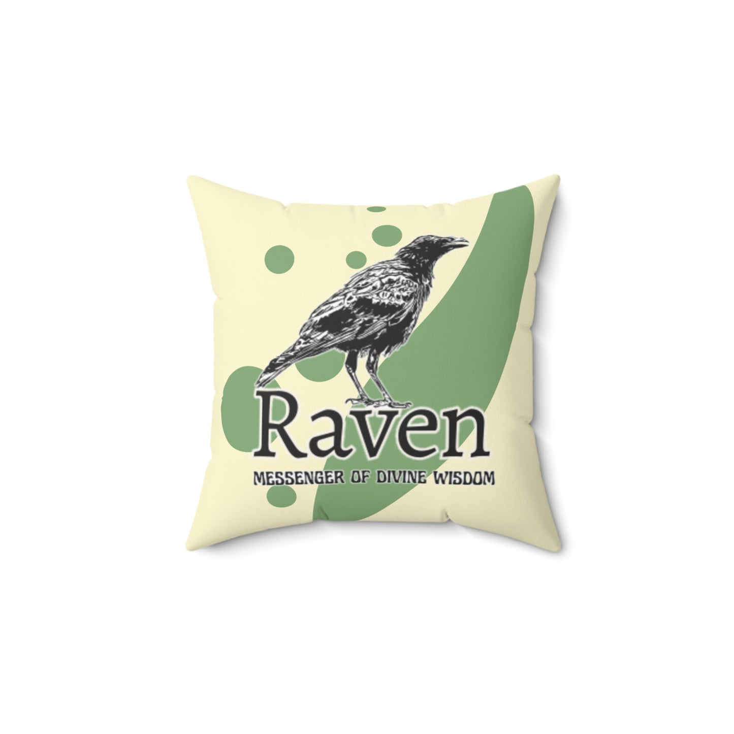 Decorative pillow with a raven design and text on a beige background