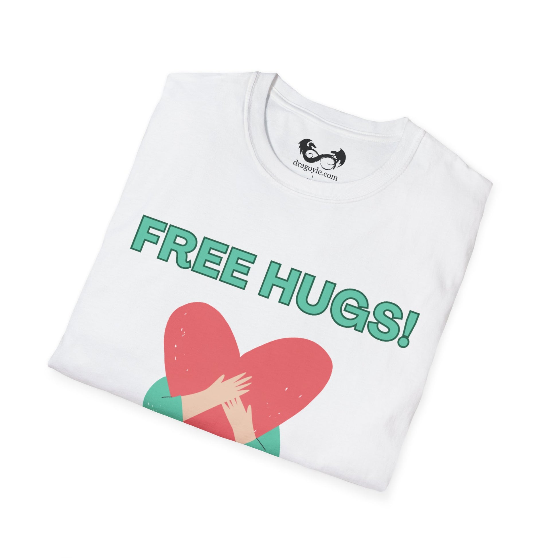 White t-shirt with 'FREE HUGS!' text and heart graphic on a white background