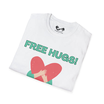 White t-shirt with 'FREE HUGS!' text and heart graphic on a white background