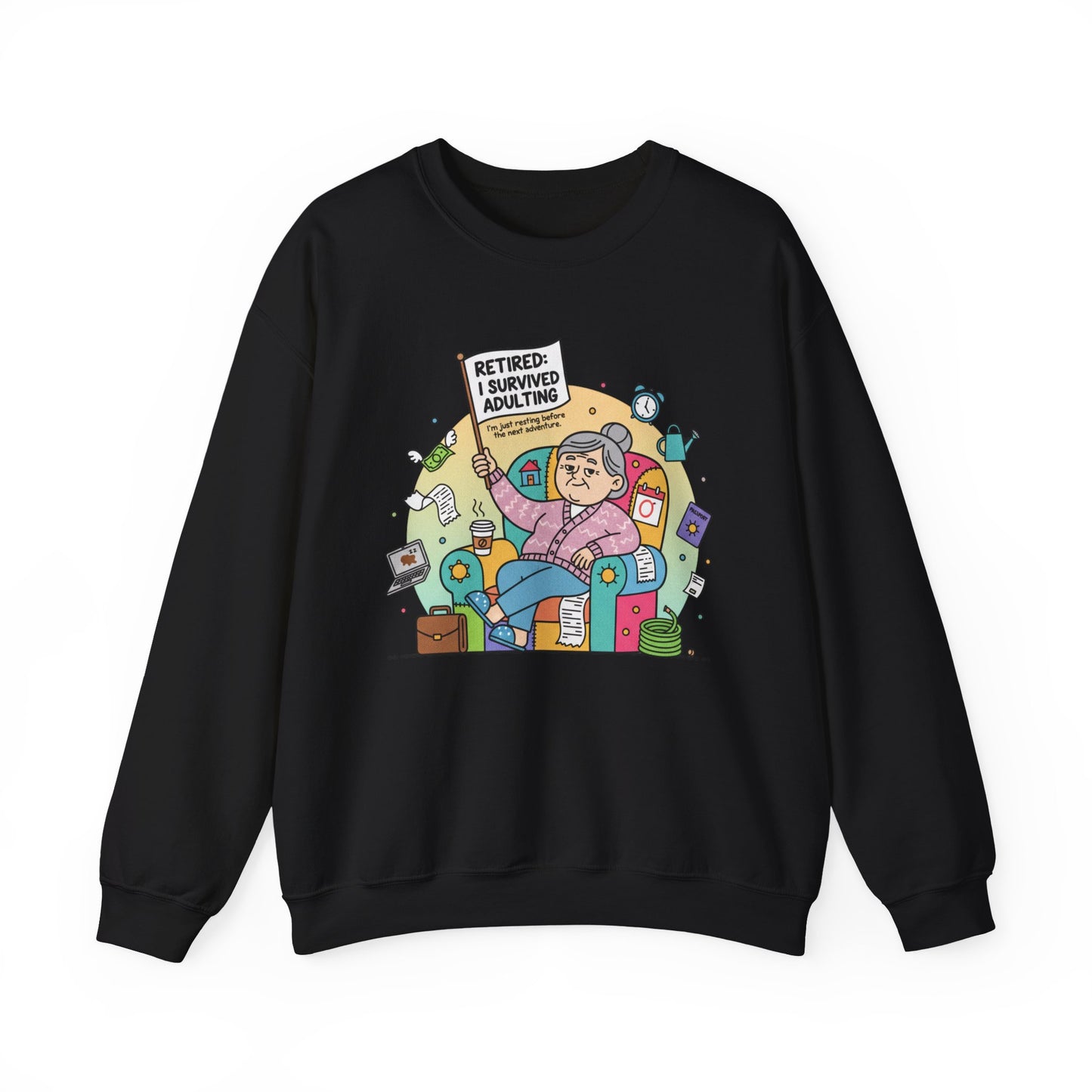 Black sweatshirt with colorful graphic design on a white background