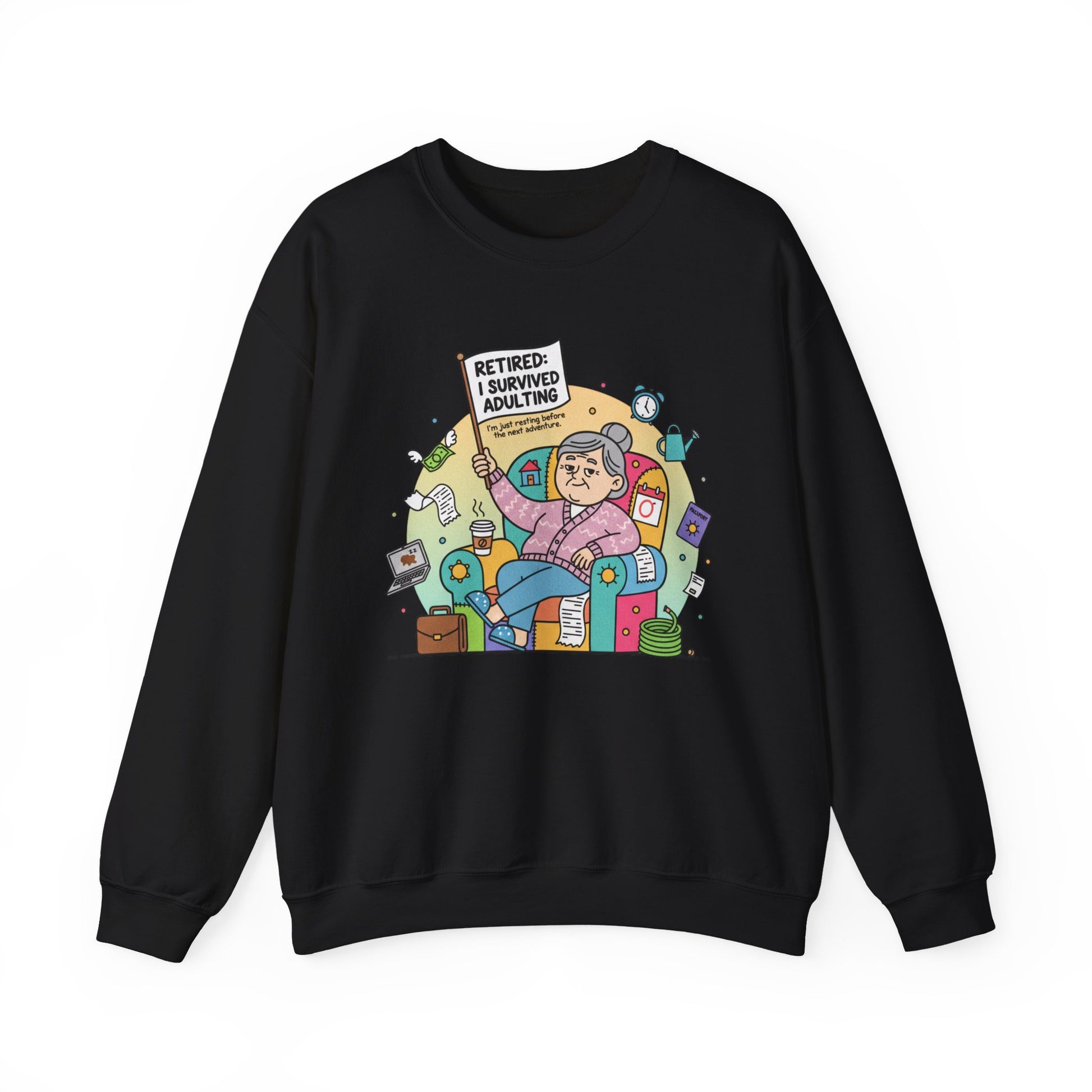 Black sweatshirt with colorful graphic design on a white background