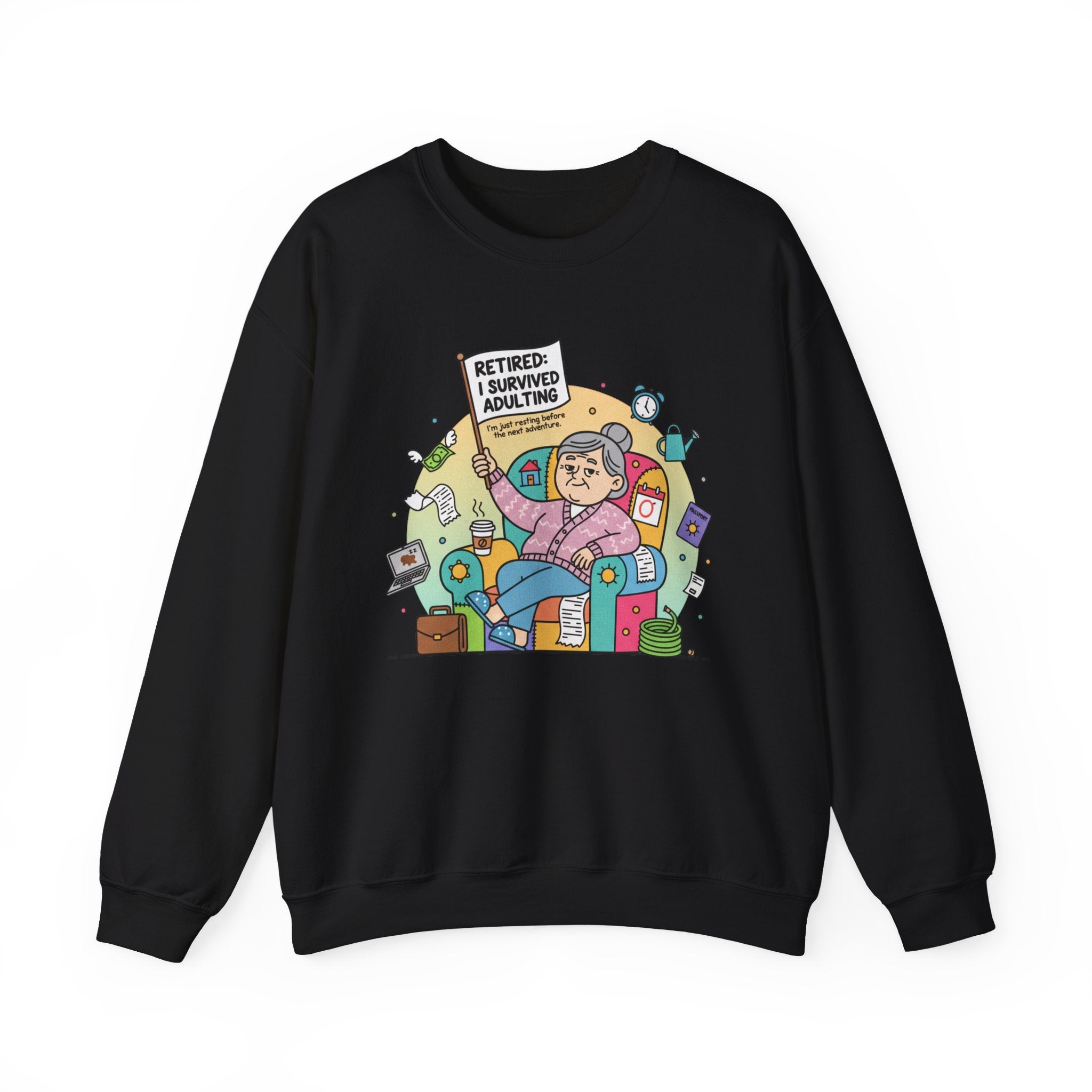 Black sweatshirt with colorful graphic design on a white background