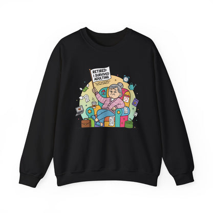 Black sweatshirt with colorful graphic design on a white background