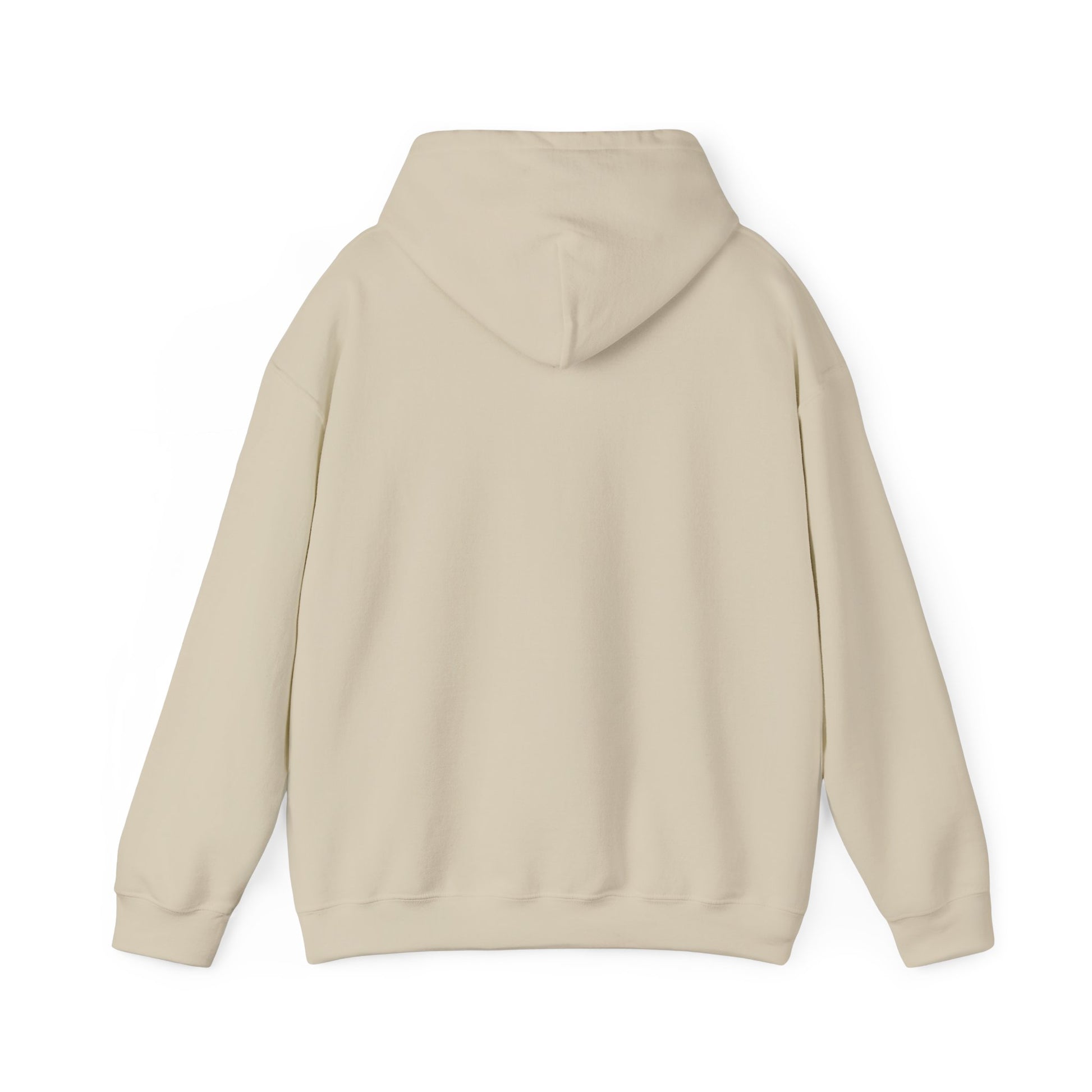 Beige hoodie with a graphic of hands holding roses on the back, on a white background