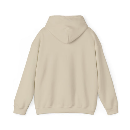 Beige hoodie with a graphic of hands holding roses on the back, on a white background