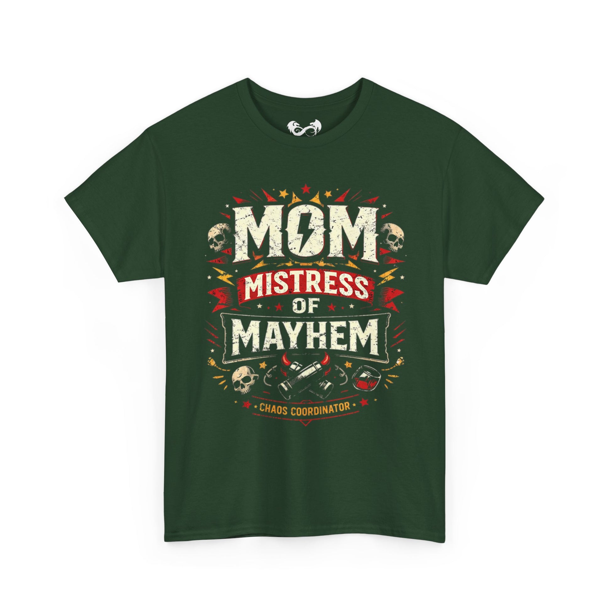 Green t-shirt with 'Mom Mistress of Mayhem' text design on a white background