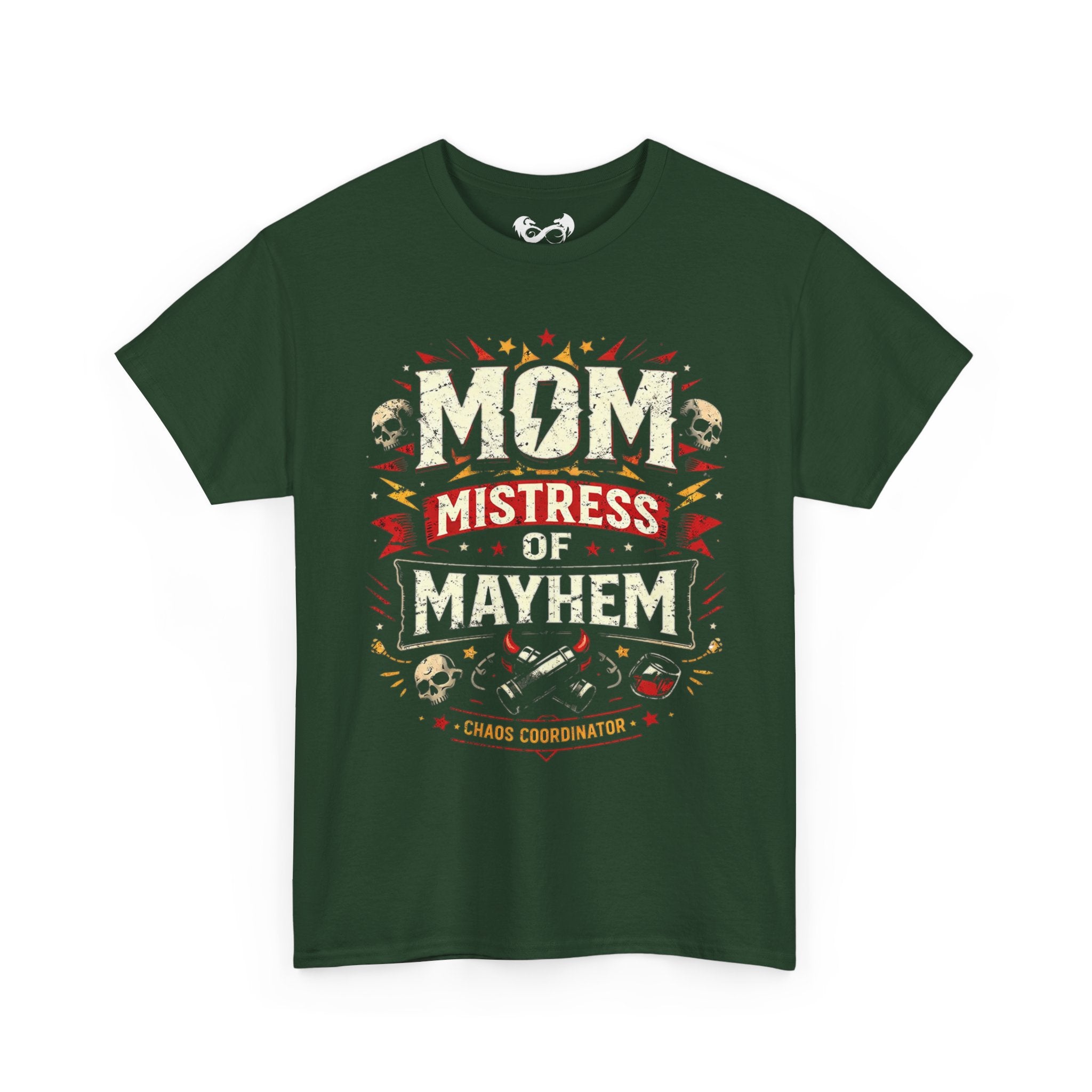 Green t-shirt with 'Mom Mistress of Mayhem' text design on a white background