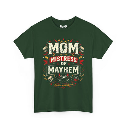 Green t-shirt with 'Mom Mistress of Mayhem' text design on a white background