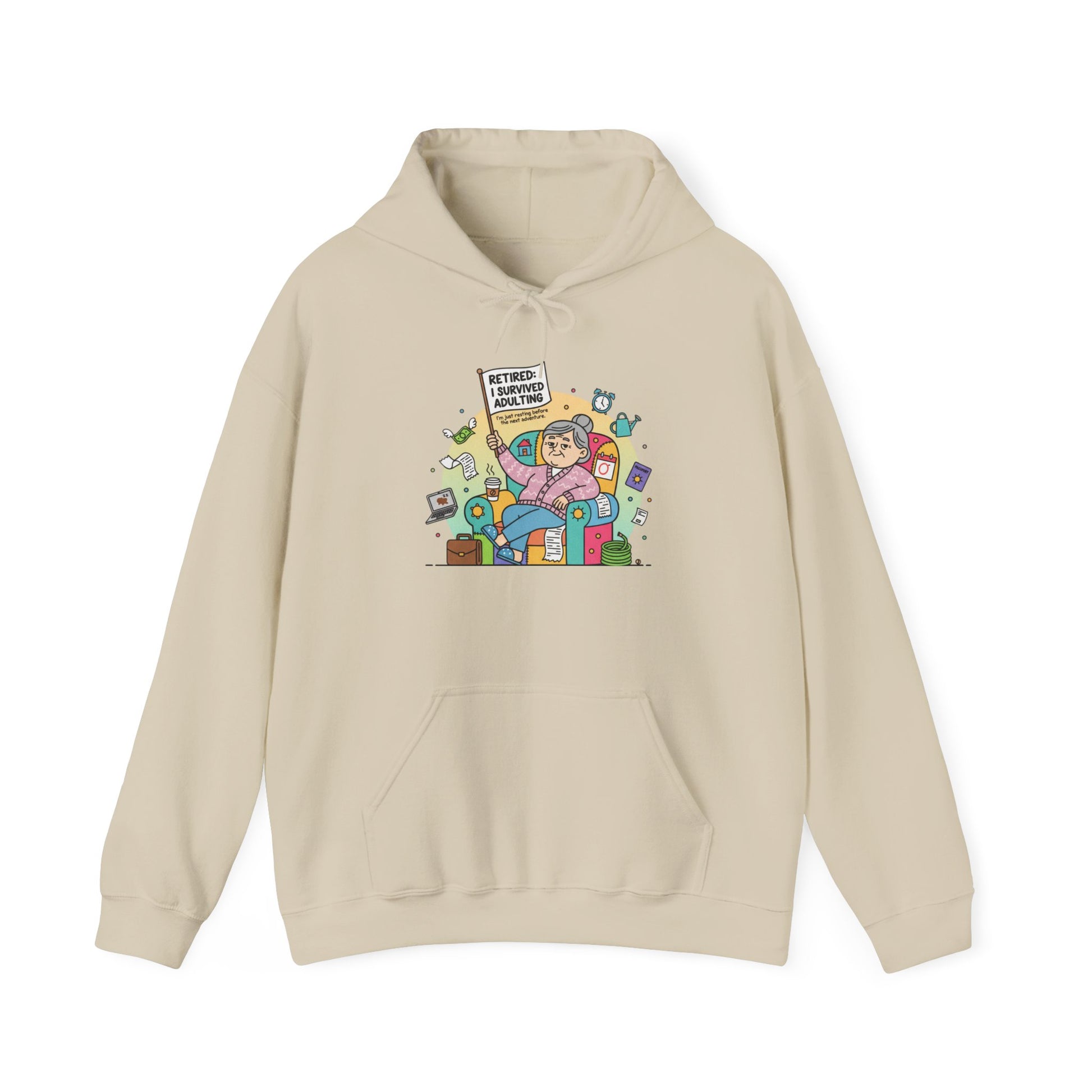 Beige hoodie with a graphic of a dog on a surfboard in the ocean.