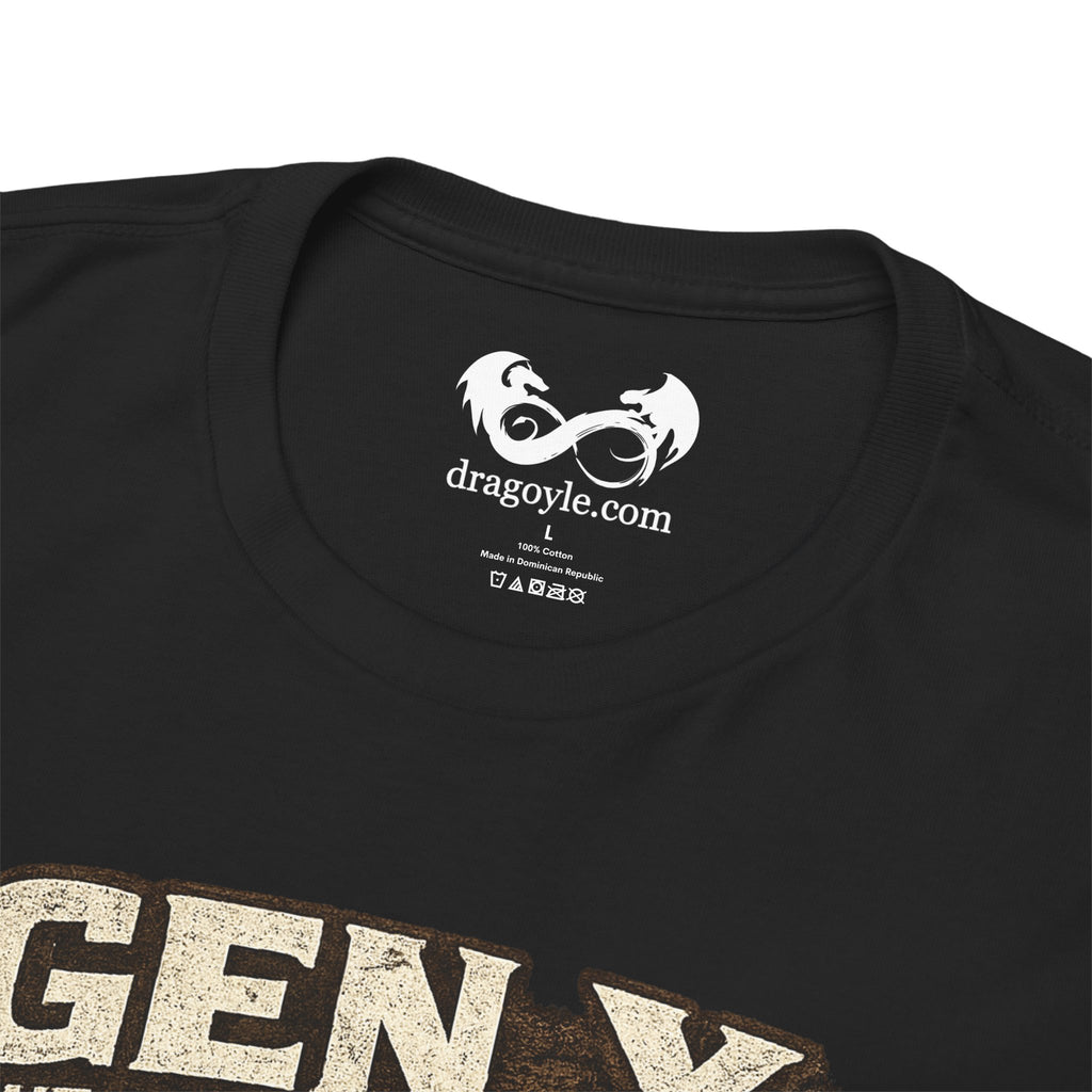 Black t-shirt with 'dragoyle.com' logo on the collar and partially visible text at the bottom.
