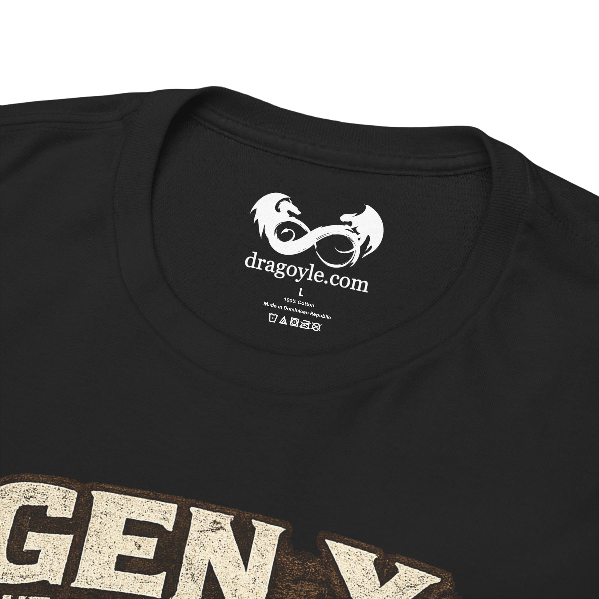 Black t-shirt with 'dragoyle.com' logo on the collar and partially visible text at the bottom.
