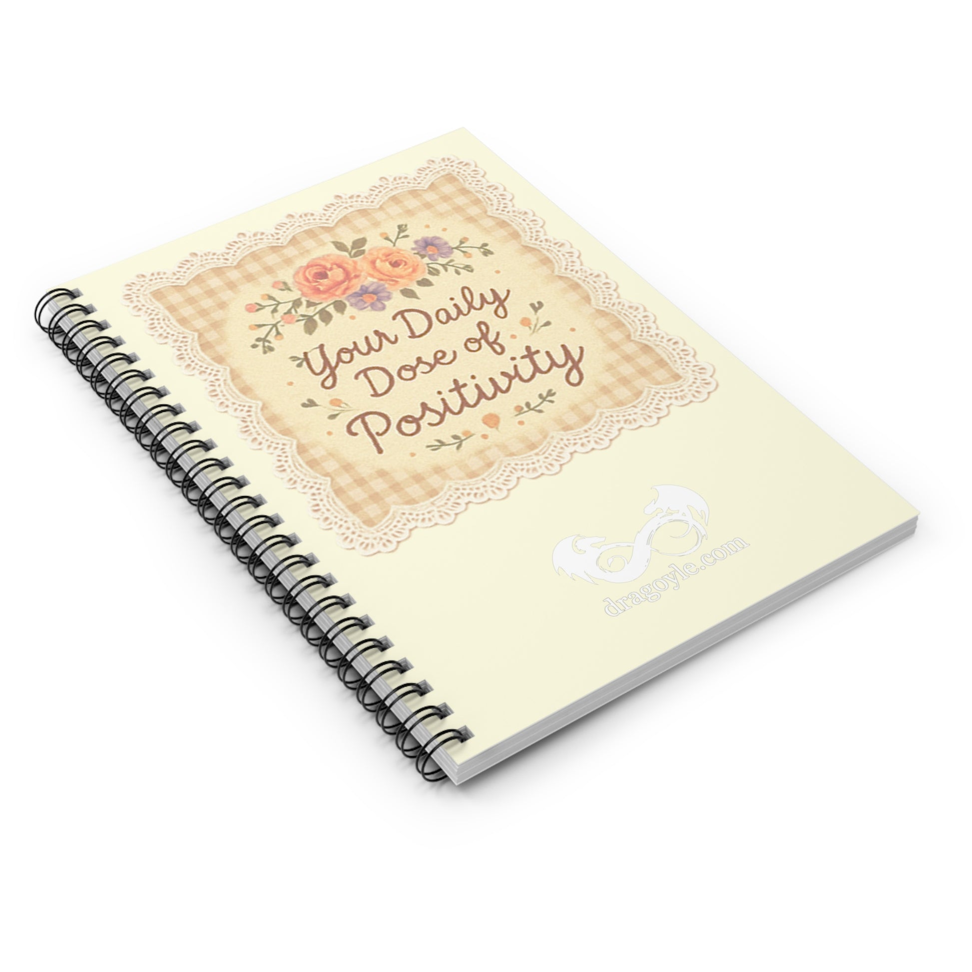 Notebook with floral design and text on a white background