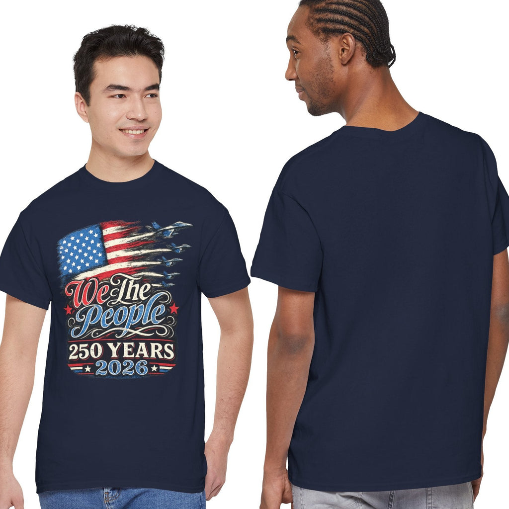 Navy blue t-shirt with American flag design worn by two models, front and back views.