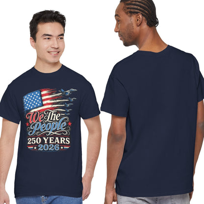 Navy blue t-shirt with American flag design worn by two models, front and back views.