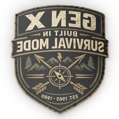 This custom-shaped cushion echoes vintage outdoor badge art, worn textures, compass and arrows, and the proud headline “GEN X&nbsp; Built in Survival Mode.”