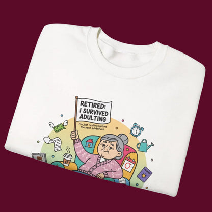 White sweatshirt with a colorful graphic and text on a white background