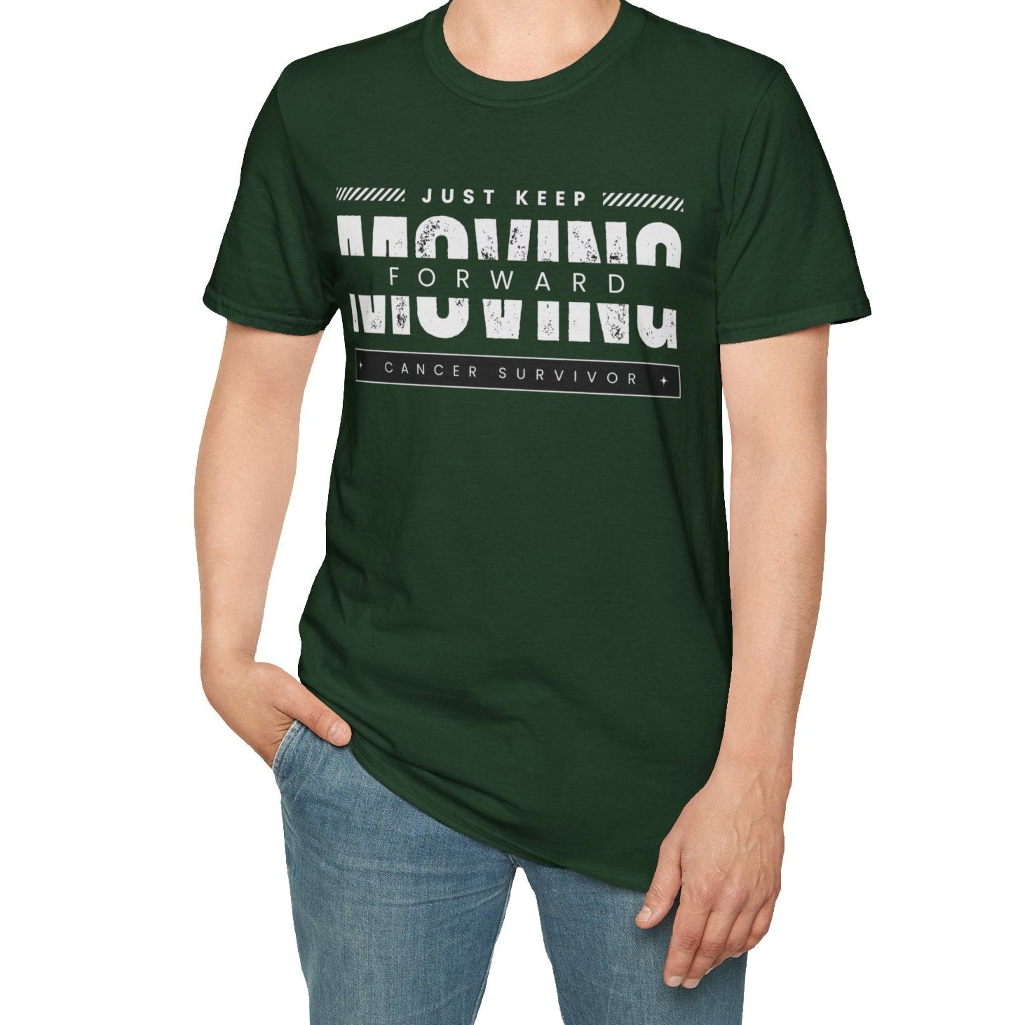 This unisex t-shirt is a canvas for self-expression, crafted for those who embrace resilience. With the phrase "Just Keep Moving Forward - Cancer Survivor" emblazoned across the chest, it celebrates strength and spirit.