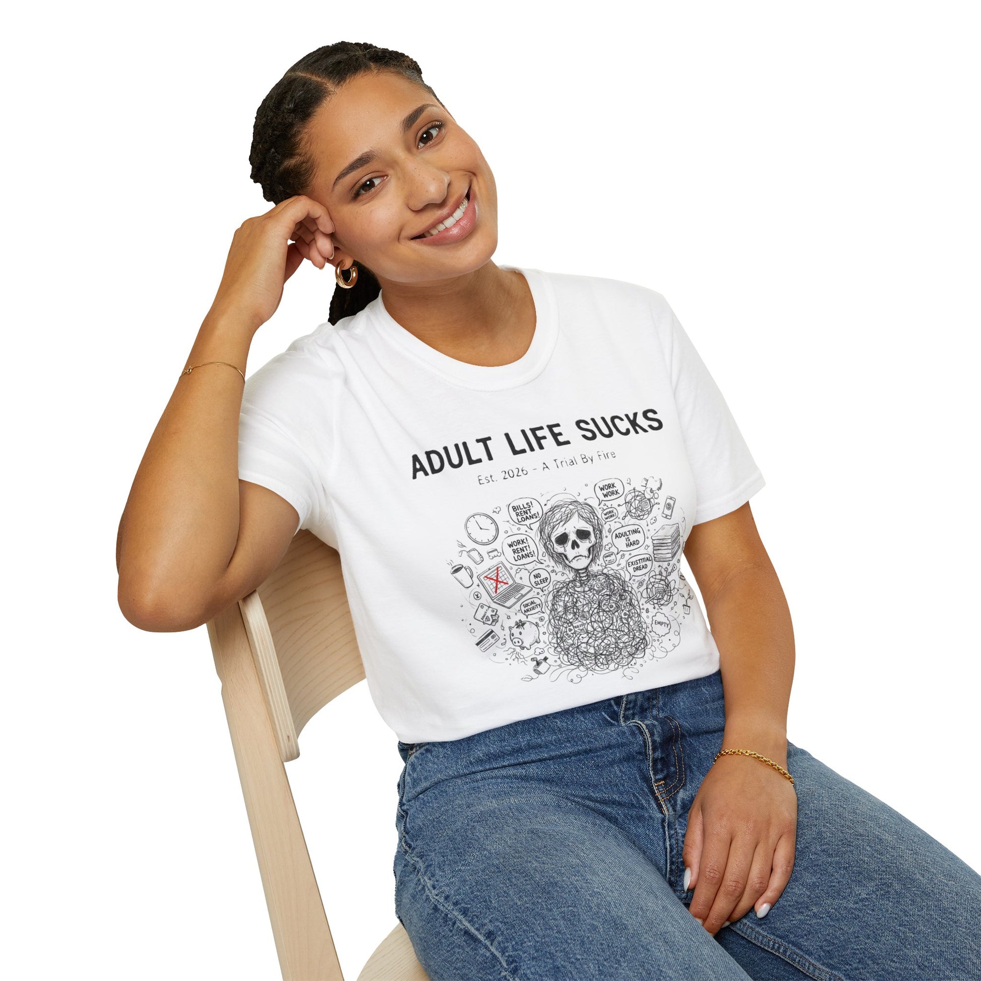 Person wearing a white t-shirt with 'Adult Life Sucks' graphic design.