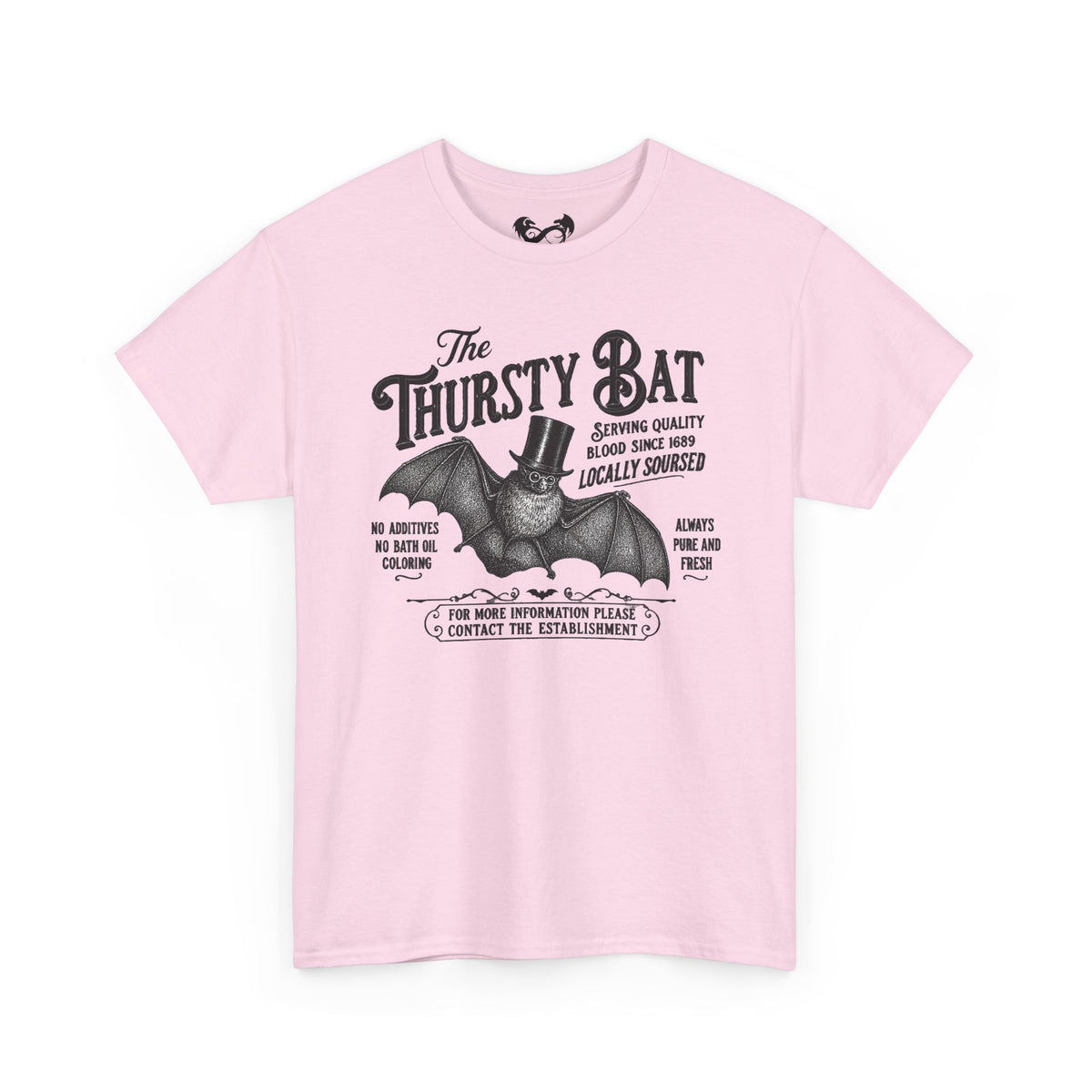 A light pink short-sleeve crewneck t-shirt featuring a vintage-style black graphic of a bat wearing a top hat with the text 'The Thirsty Bat'.