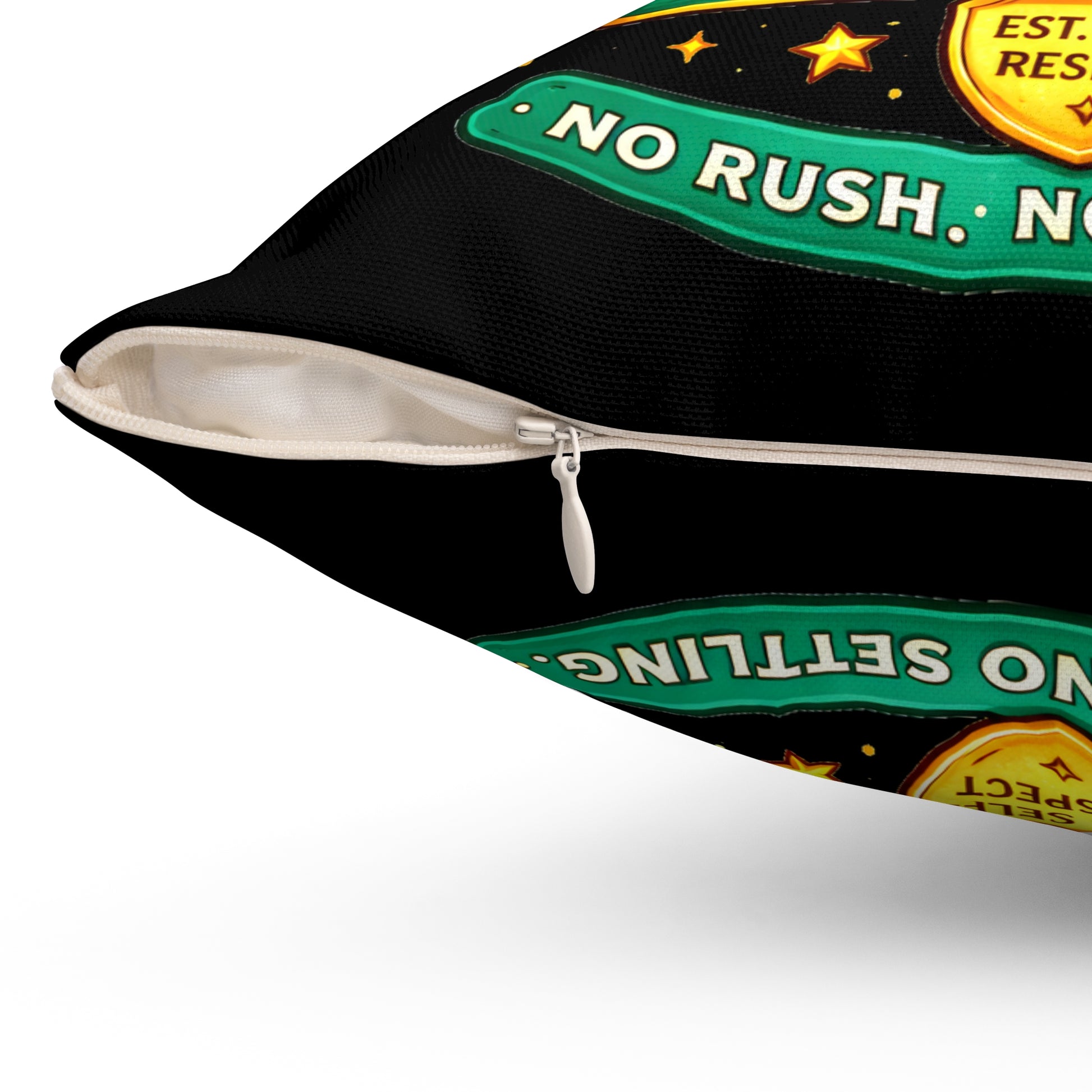 Black pouch with green text and zipper on a white background