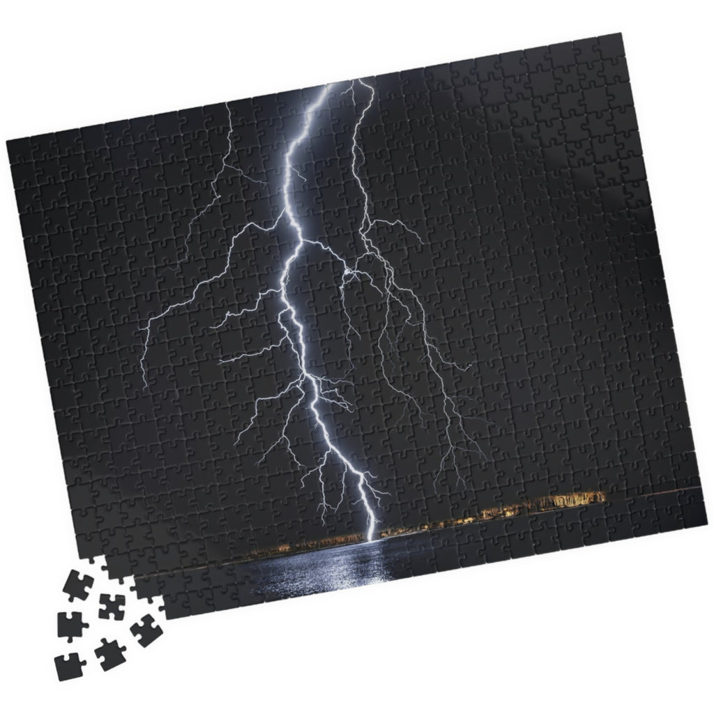 Experience the awe-inspiring beauty of nature with our Lightening Strikes Water Puzzle. This 110 to 1014 piece puzzle features a striking image of a lightning storm over a serene body of water. Challenge your mind and calm your soul with this captivating puzzle.