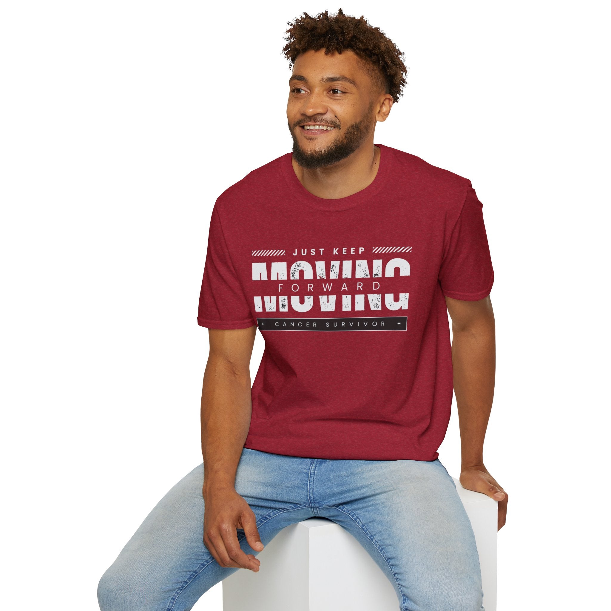 This unisex t-shirt is a canvas for self-expression, crafted for those who embrace resilience. With the phrase "Just Keep Moving Forward - Cancer Survivor" emblazoned across the chest, it celebrates strength and spirit.