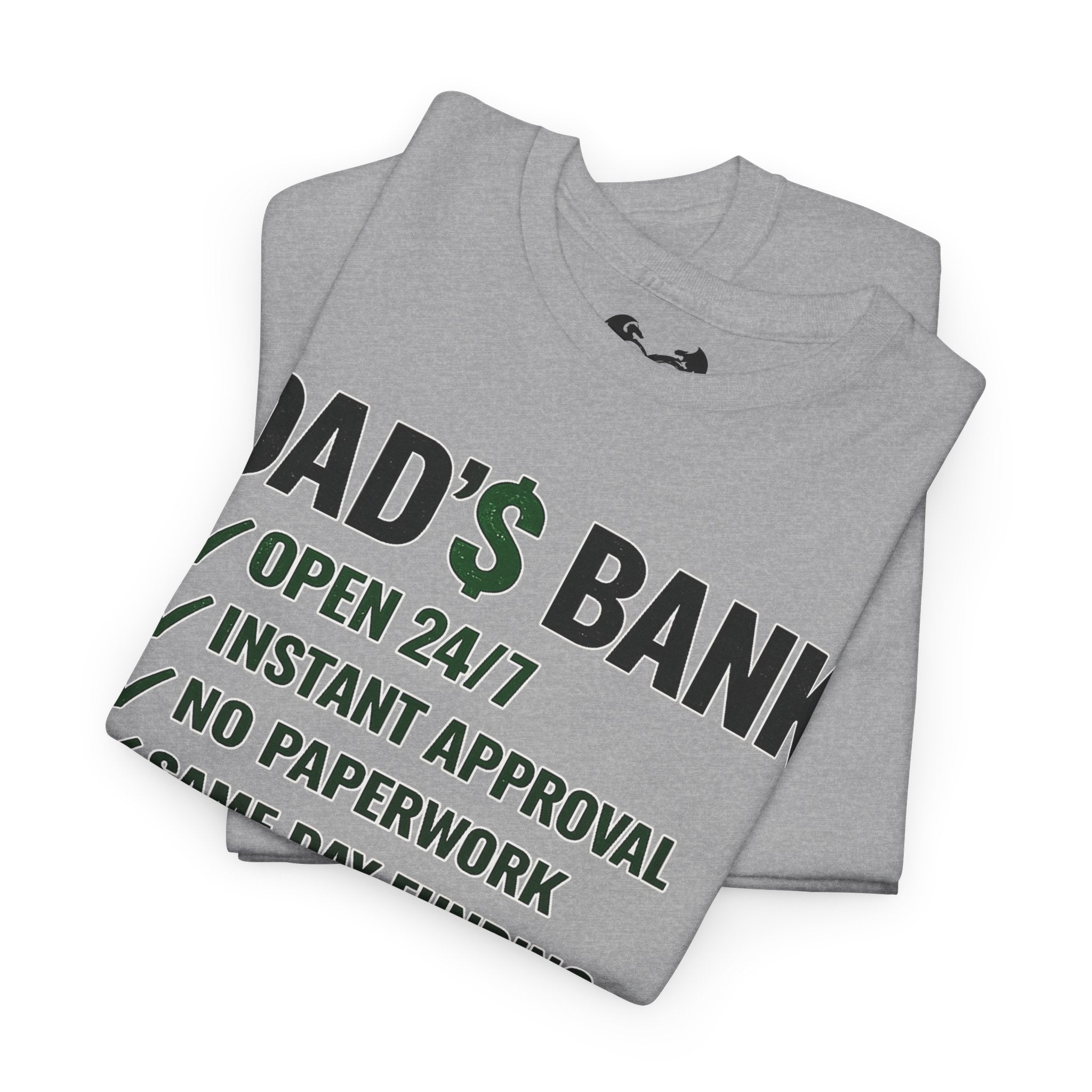 Folded gray t-shirt with humorous text design on a white background