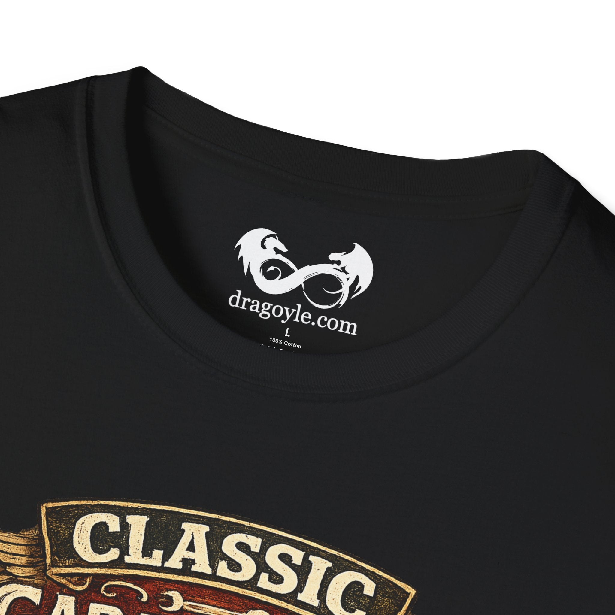 Black t-shirt with 'dragoyle.com' logo on the collar and 'CLASSIC' graphic at the bottom.