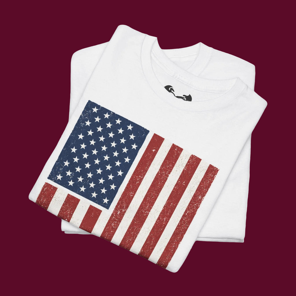 White t-shirt with American flag design on a white background