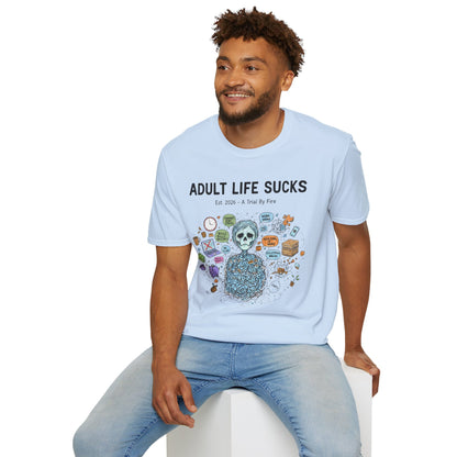 Adult Life Sucks Blue Skull Comfortable 100% Spun Cotton Tee