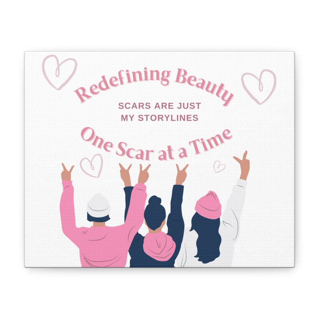Transform your space with this stunning Matte Canvas, Stretched 1.25" masterpiece. The uplifting and empowering message, "Redefining Beauty One Scar At A Time," resonates deeply, making it perfect for anyone who cherishes strength and resilience.